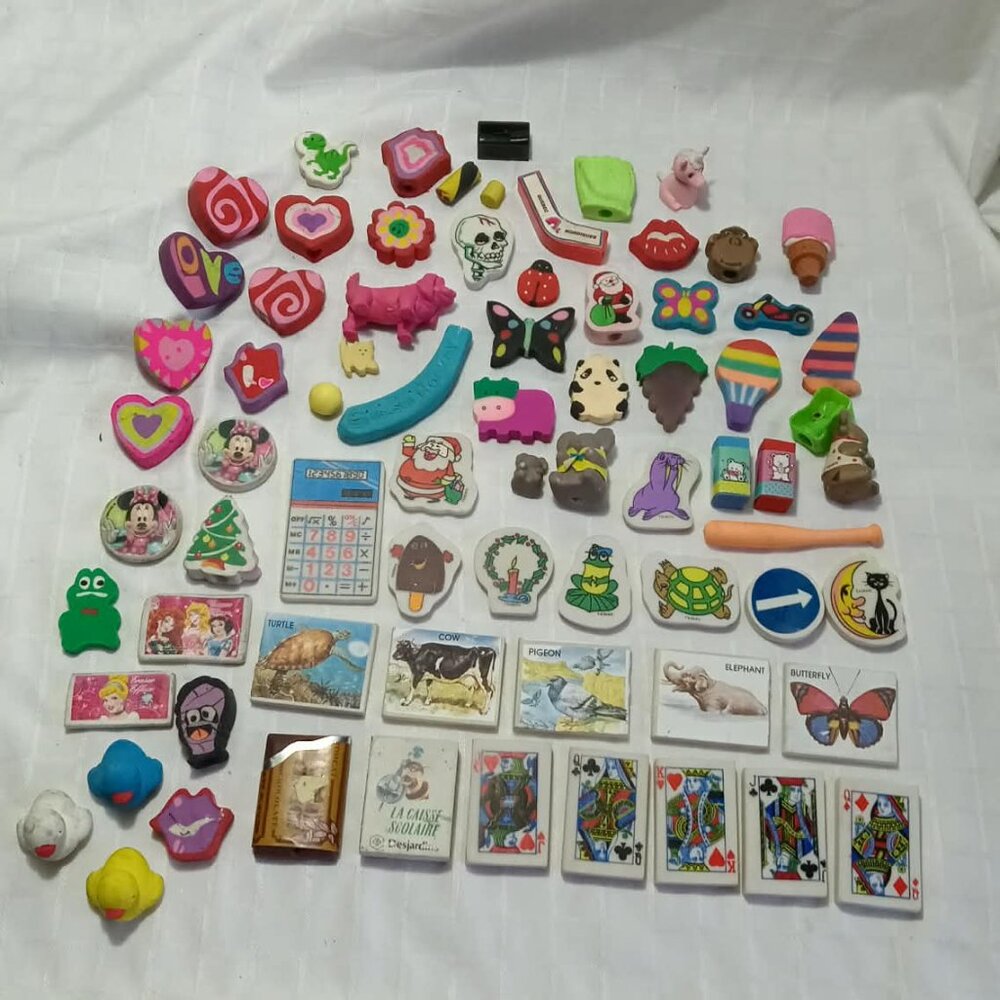 Collection of over 60 vintage erasers from the 70s, 80s, and 90s